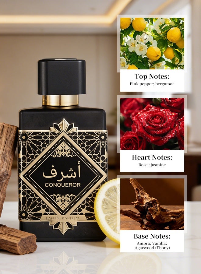 Conqueror Oriental Woody Perfume 100ml for Men, Long Lasting Pepper Bergamot Rose Jasmine Oud Vanilla Amber Eau de Parfum, Luxury Black Gold Bottle, Bold Gift Choice - Image 4